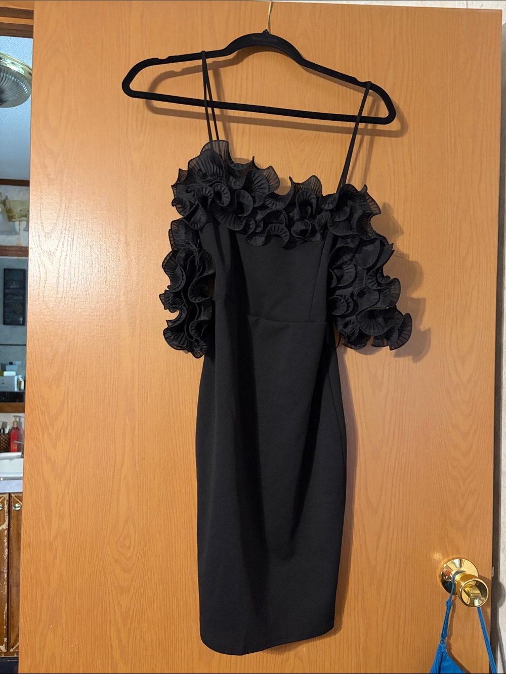 Black Ruffle-Trim Spaghetti Strap Mini Dress